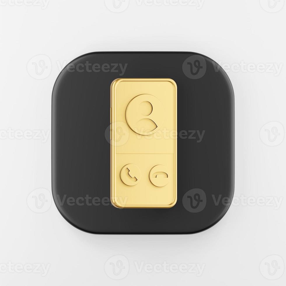 icono de teléfono inteligente dorado. Botón de tecla cuadrada negra de representación 3d, elemento ui ux de interfaz. foto