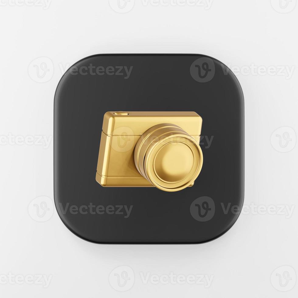 Gold digital photo camera icon. 3d rendering black square button key, interface ui ux element.