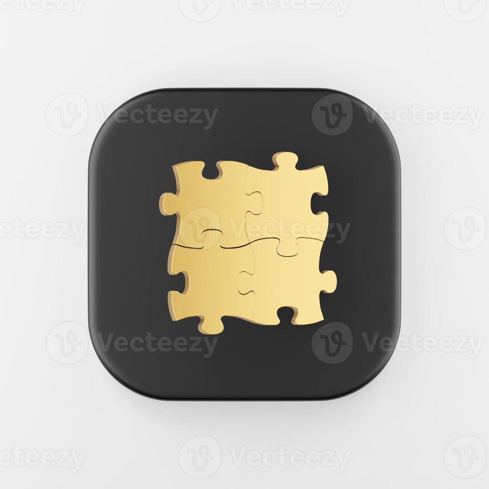 Gold fastened puzzles icon. 3d rendering black square button key, interface ui ux element. photo