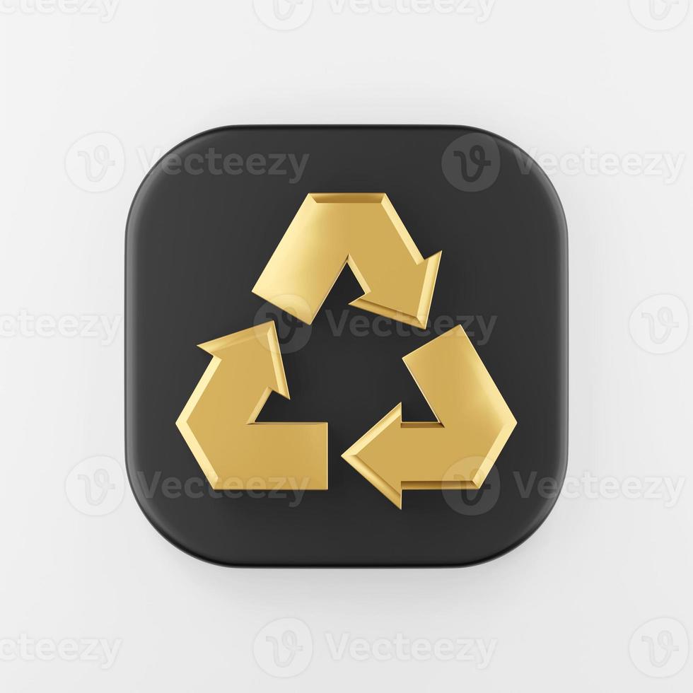 Recycling golden symbol icon. 3d rendering black square button key, interface ui ux element. photo