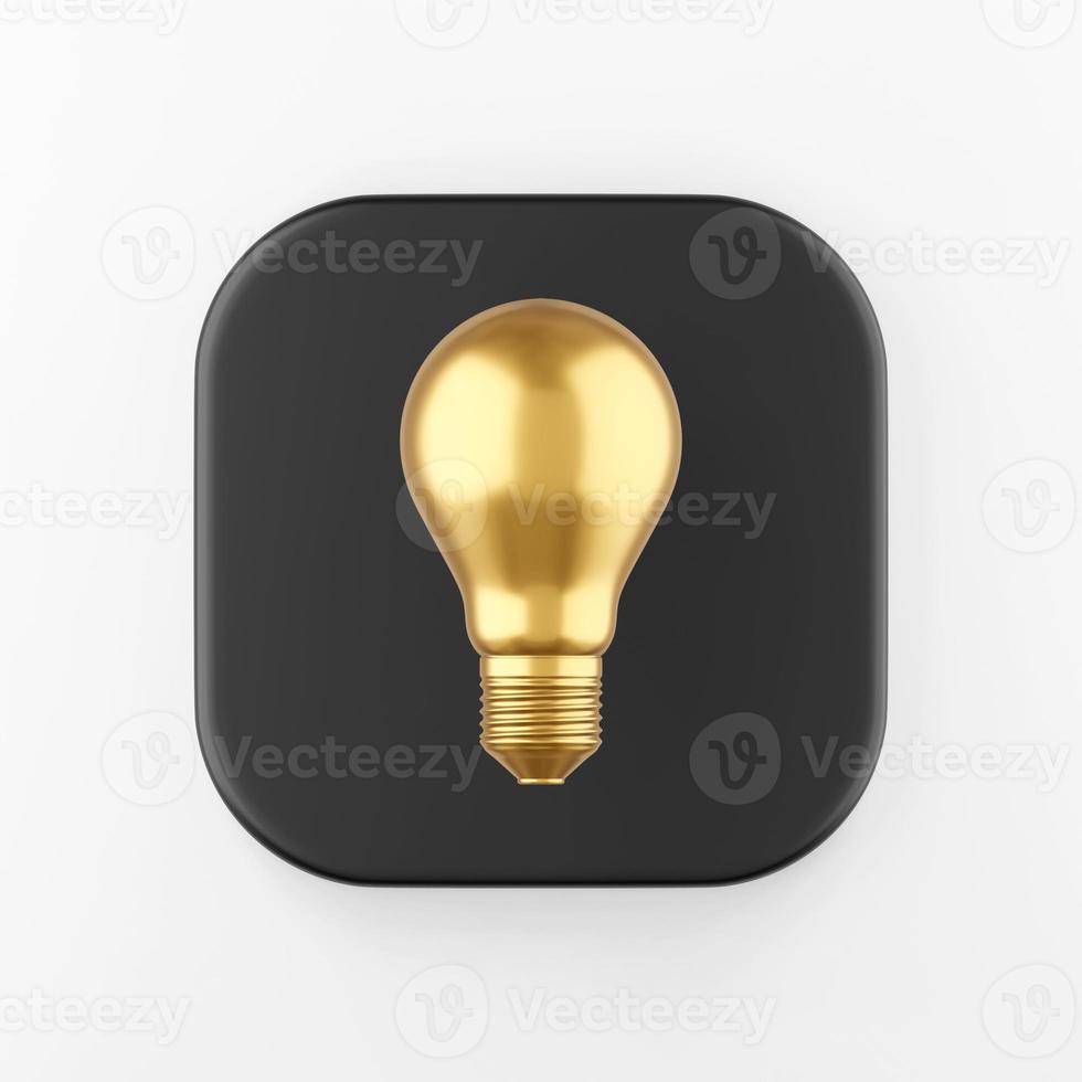 Golden realistic light bulb icon. 3d rendering black square key button, interface ui ux element. photo