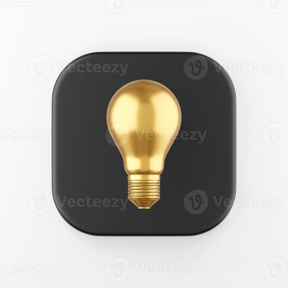 Golden realistic light bulb icon. 3d rendering black square key button, interface ui ux element. photo