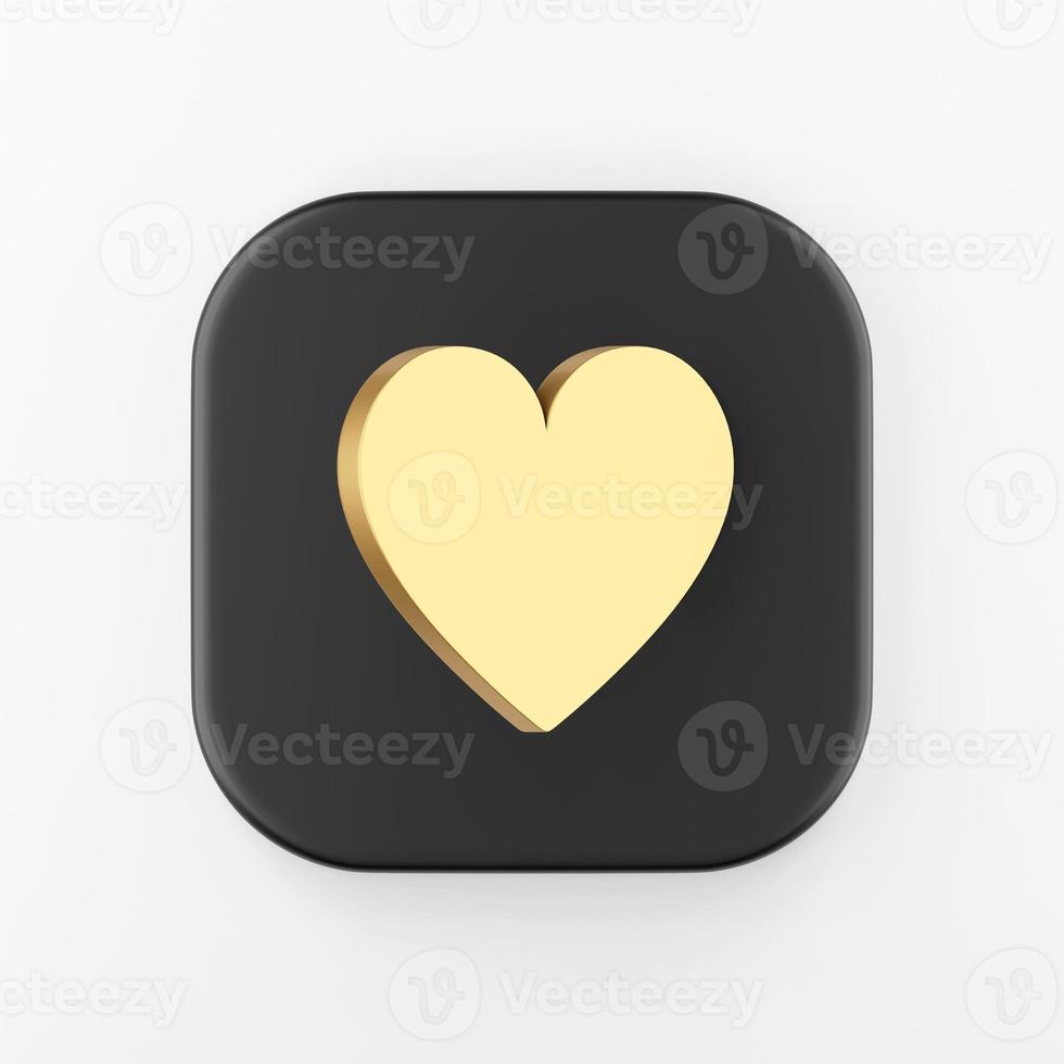 icono de corazón plano dorado. Botón de tecla cuadrada negra de representación 3d, elemento ui ux de interfaz. foto