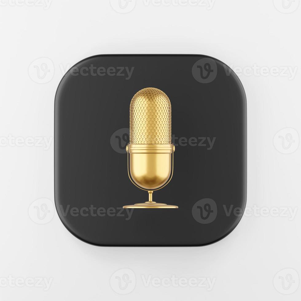 Gold microphone icon. 3d rendering black square key button, interface ui ux element. photo