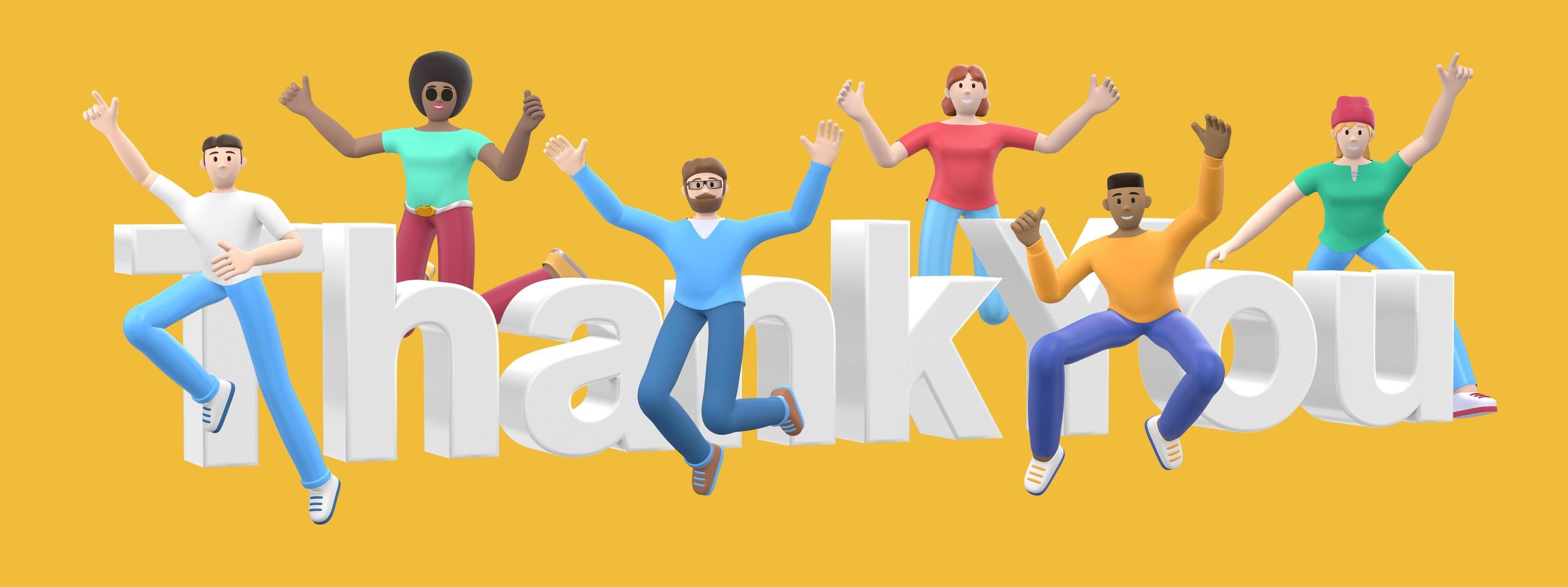 The word thank you on a yellow background. Group of young multicultural happy people jump and dance together. Horizontal banner cartoon character and website slogan. 3D rendering. photo