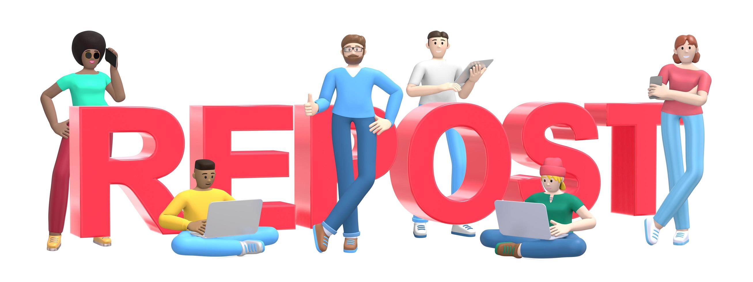 Word repost on white background. Group of young multicultural successful people with laptop, tablet, phone. Horizontal banner cartoon character and website slogan. 3D rendering. photo