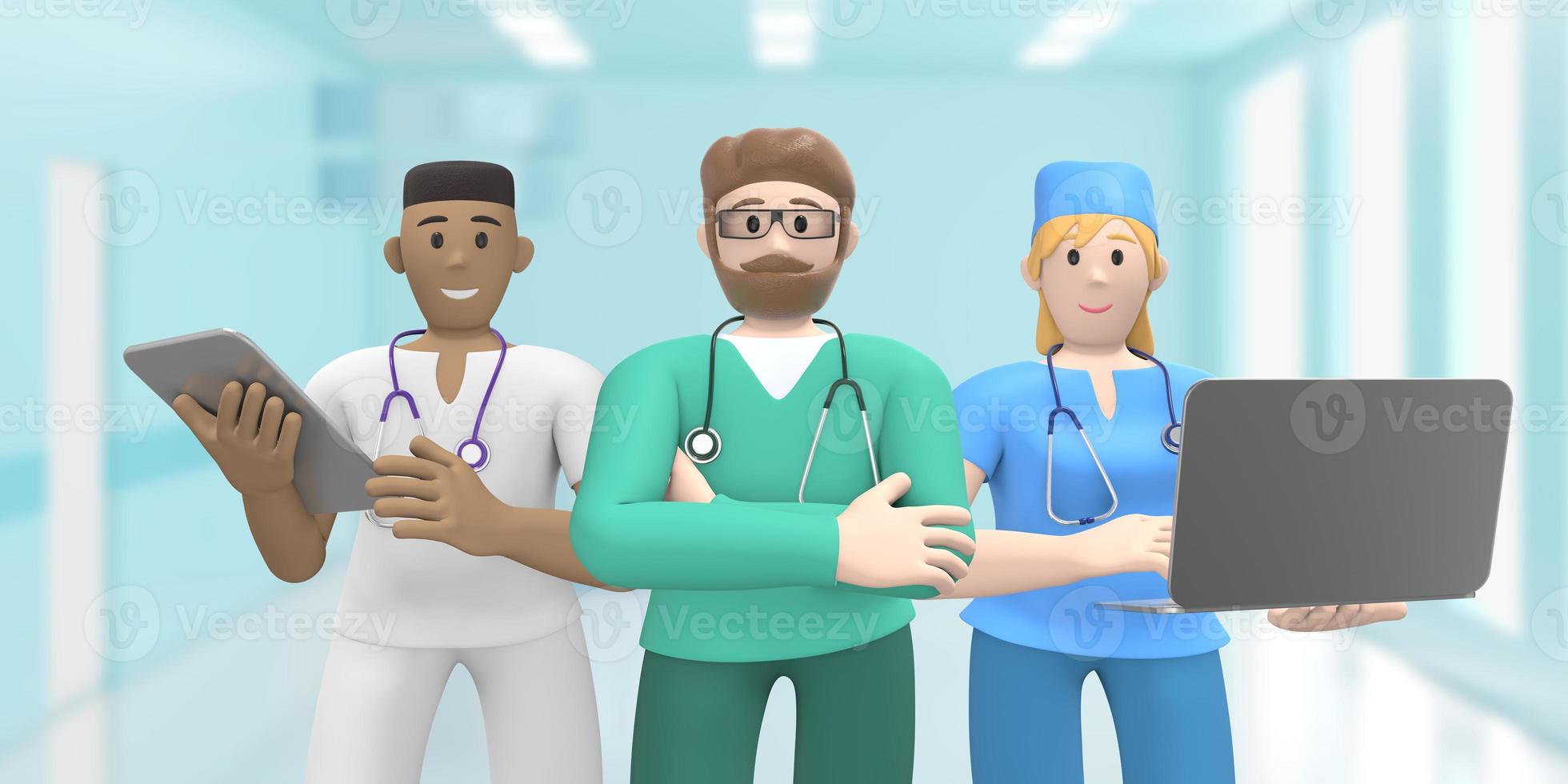 Multinational team of doctors in the medical interior are standing with a tablet, laptop. Cartoon character on a blue background. 3D rendering. photo
