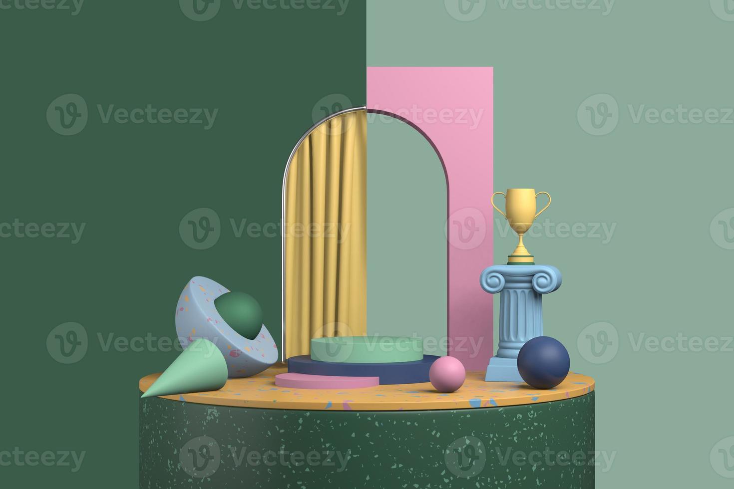 3D rendering abstract display advertising product. Colored steps pedestal in the form of arch of simple shapes with a curtain and primitive figures, a column and a winner's cup on a green background. photo