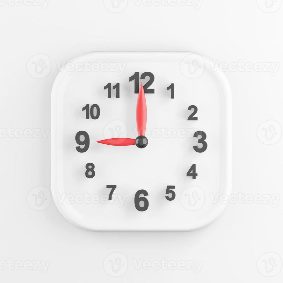 3D rendering square white button icon, modern wall clock isolated on white background. photo
