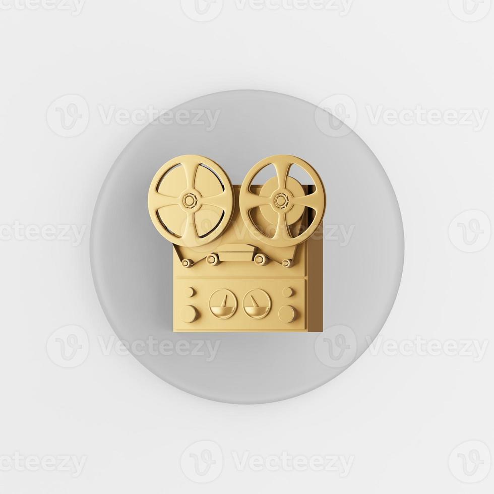 Gold reel tape recorder icon. 3d rendering gray round key button, interface ui ux element. photo