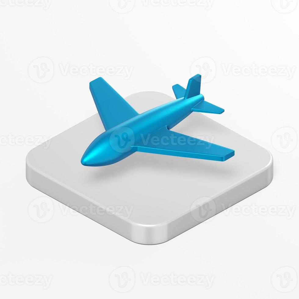 icono de avión azul. Vista isométrica de la tecla del botón cuadrado de representación 3d, elemento ui ux de la interfaz. foto