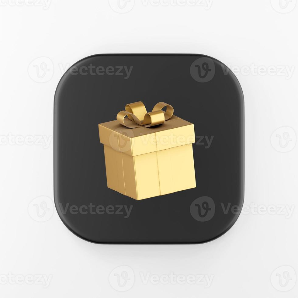 Gold gift icon with bow. 3d rendering black square button key, interface ui ux element. photo