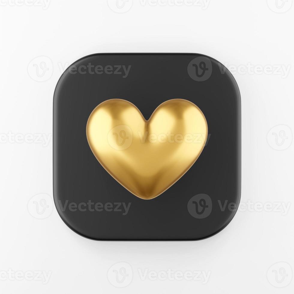 Golden realistic heart icon. 3d rendering black square key button, interface ui ux element. photo
