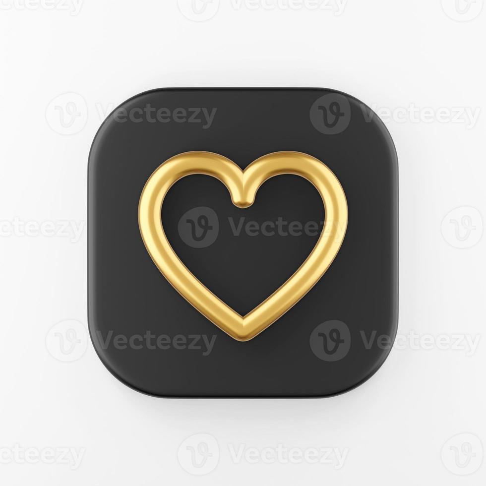 Gold heart contour line icon. 3d rendering black square key button, interface ui ux element. photo