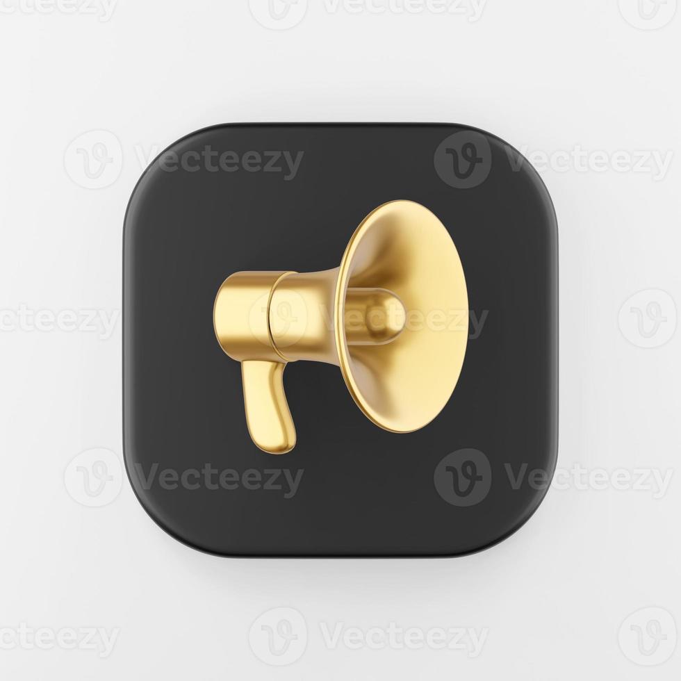 Golden megaphone icon in cartoon style. 3d rendering black square key button, interface ui ux element. photo