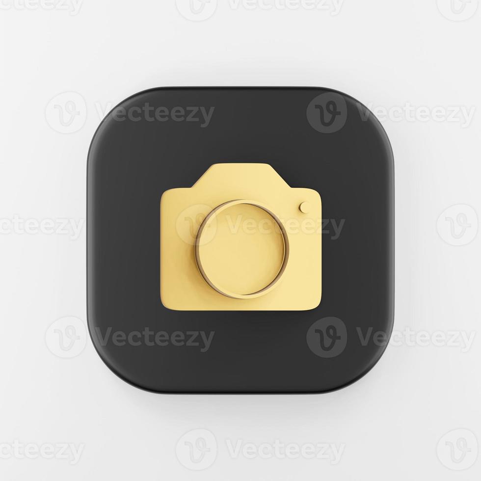 Gold photo camera icon in flat style. 3d rendering black square button key, interface ui ux element.