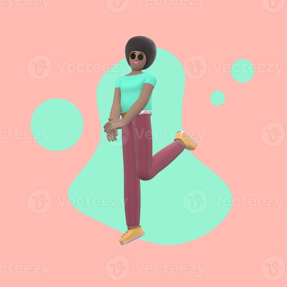 Positive character in colored clothes on an abstract stain background. A young cheerful African girl runs, dances, jumps, levitates and flies. Funny cartoon people. 3D rendering. photo