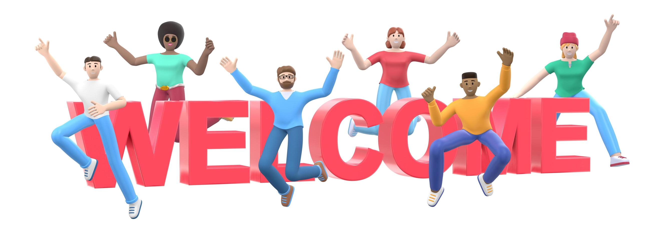 la palabra bienvenida sobre un fondo blanco. grupo de jóvenes felices multiculturales saltan y bailan juntos. personaje de dibujos animados de banner horizontal y eslogan del sitio web. representación 3d foto