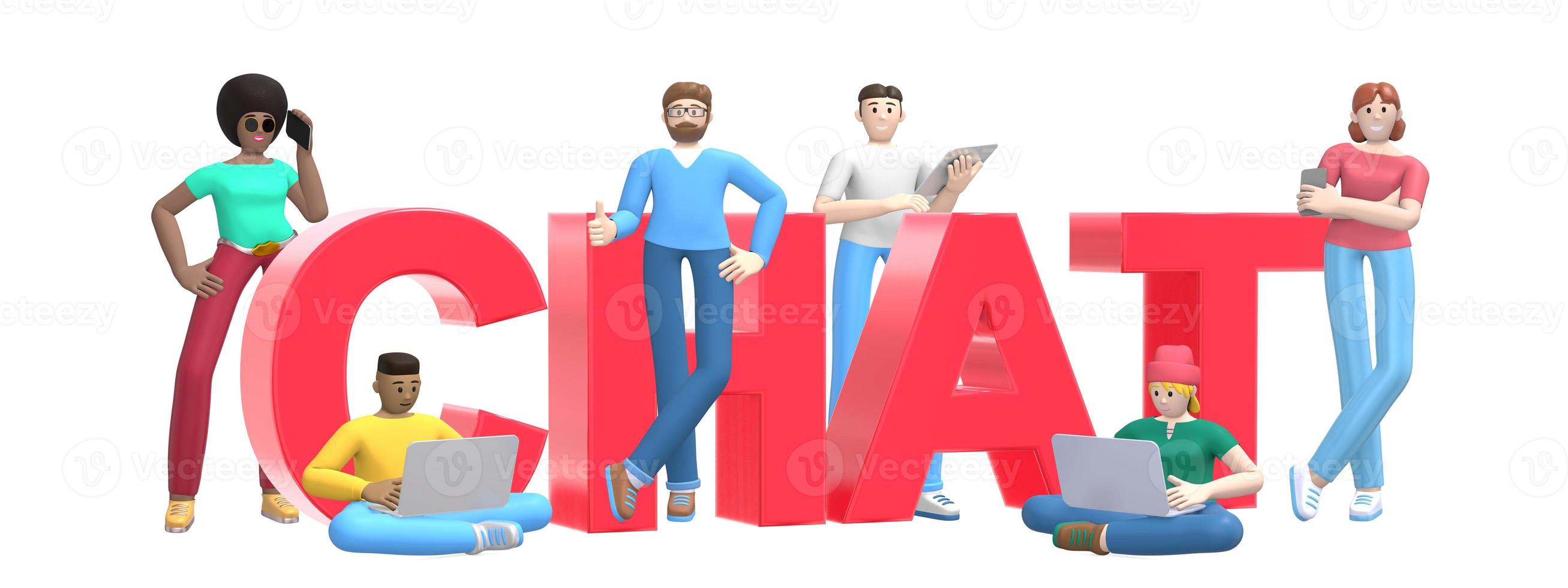 Word chat on white background. Group of young multicultural successful people with laptop, tablet, phone. Horizontal banner cartoon character and website slogan. 3D rendering. photo