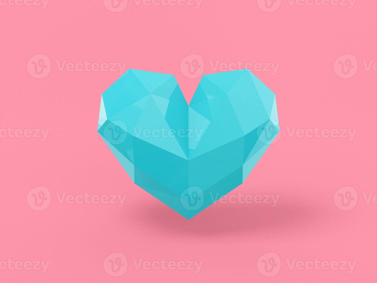 Low poly blue mono color heart on pink solid background. Minimalistic design object. 3d rendering icon ui ux interface element. photo