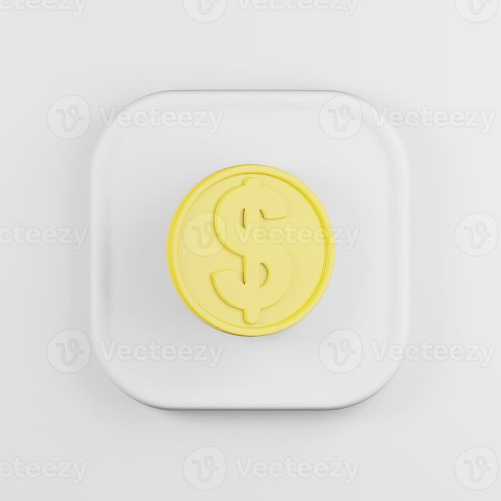 Dollar coin yellow icon in cartoon style. 3d rendering white square button key, interface ui ux element. photo