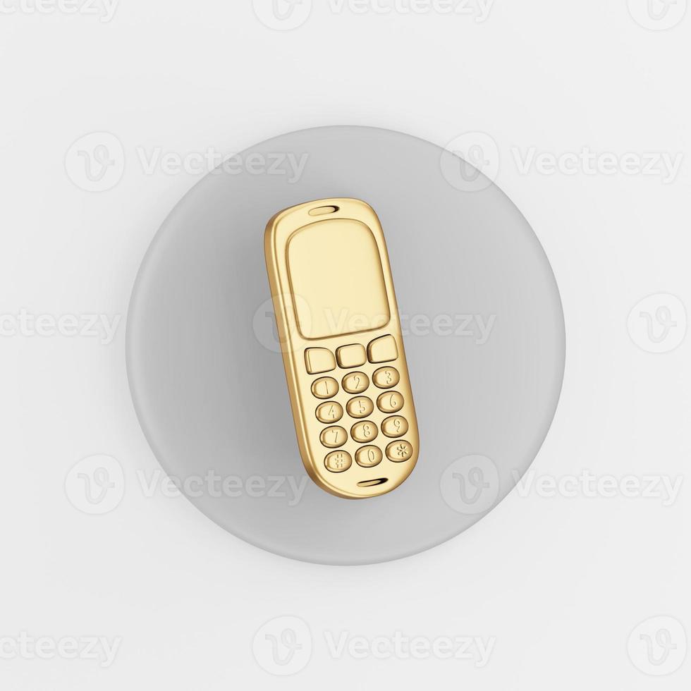 Gold mobile phone icon. 3d rendering gray round key button, interface ui ux element. photo