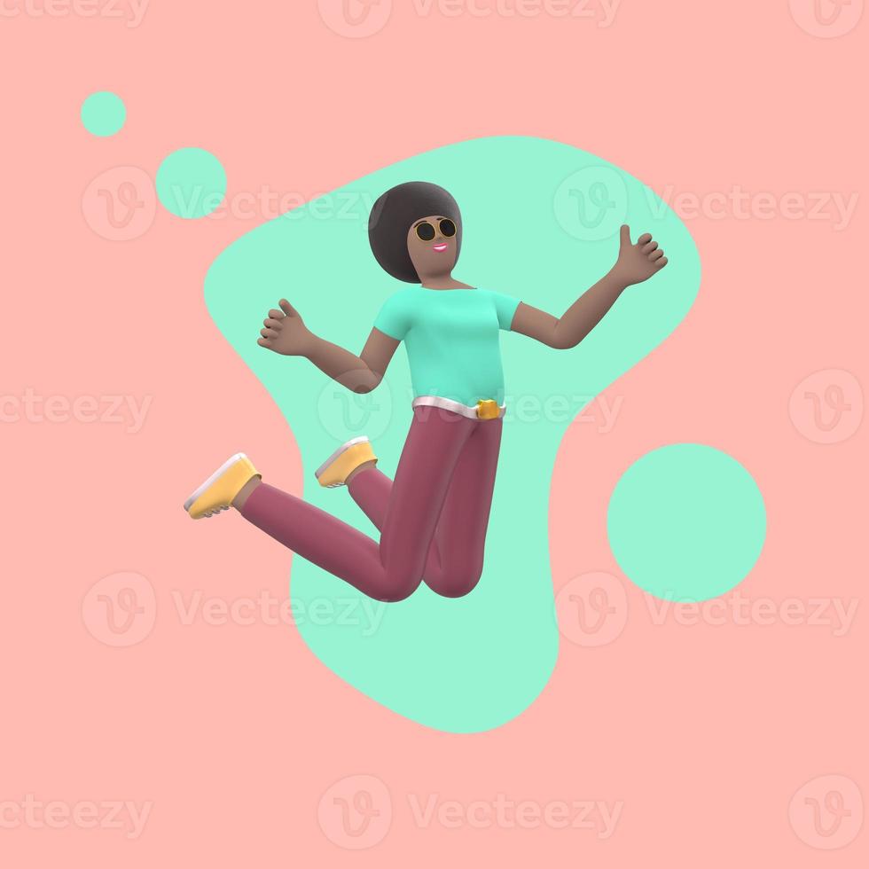 Positive character in colored clothes on an abstract stain background. A young cheerful African girl runs, dances, jumps, levitates and flies. Funny cartoon people. 3D rendering. photo