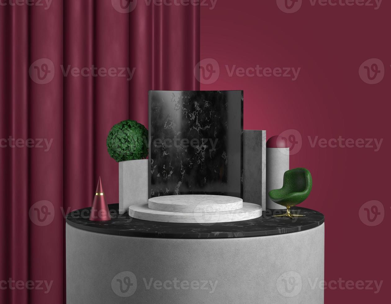 3D rendering abstract podium product. Concrete cylinder with black marble board, white steps, simple geometric elements, a green armchair and tree on background of red curtains. Bright concept mockup. photo