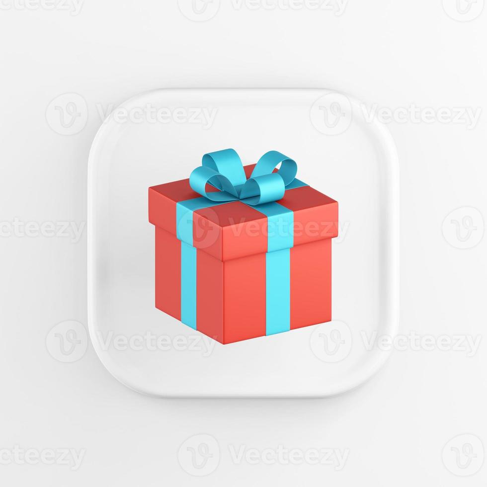 3D rendering square white button icon, red gift with blue bow isolated on white background. photo