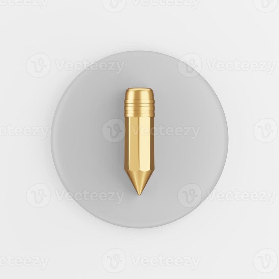 Gold pencil icon. 3d rendering round gray key button, interface ui ux element. photo