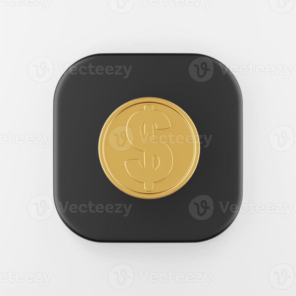 Dollar gold coin icon in cartoon style. 3d rendering black square button key, interface ui ux element. photo