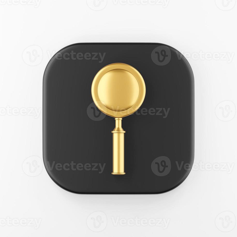 Realistic golden magnifier icon. 3d rendering black square key button, interface ui ux element. photo