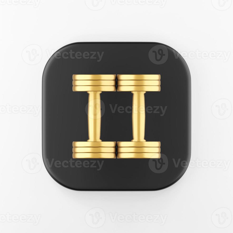 Top view golden dumbbells icon. 3d rendering black square button key, interface ui ux element. photo