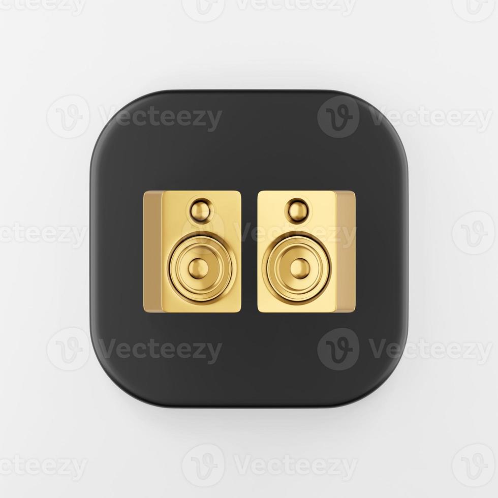 Gold speakers icon. 3d rendering black square button key, interface ui ux element. photo