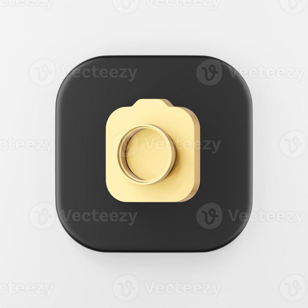 Gold photo camera icon. 3d rendering black square button key, interface ui ux element.