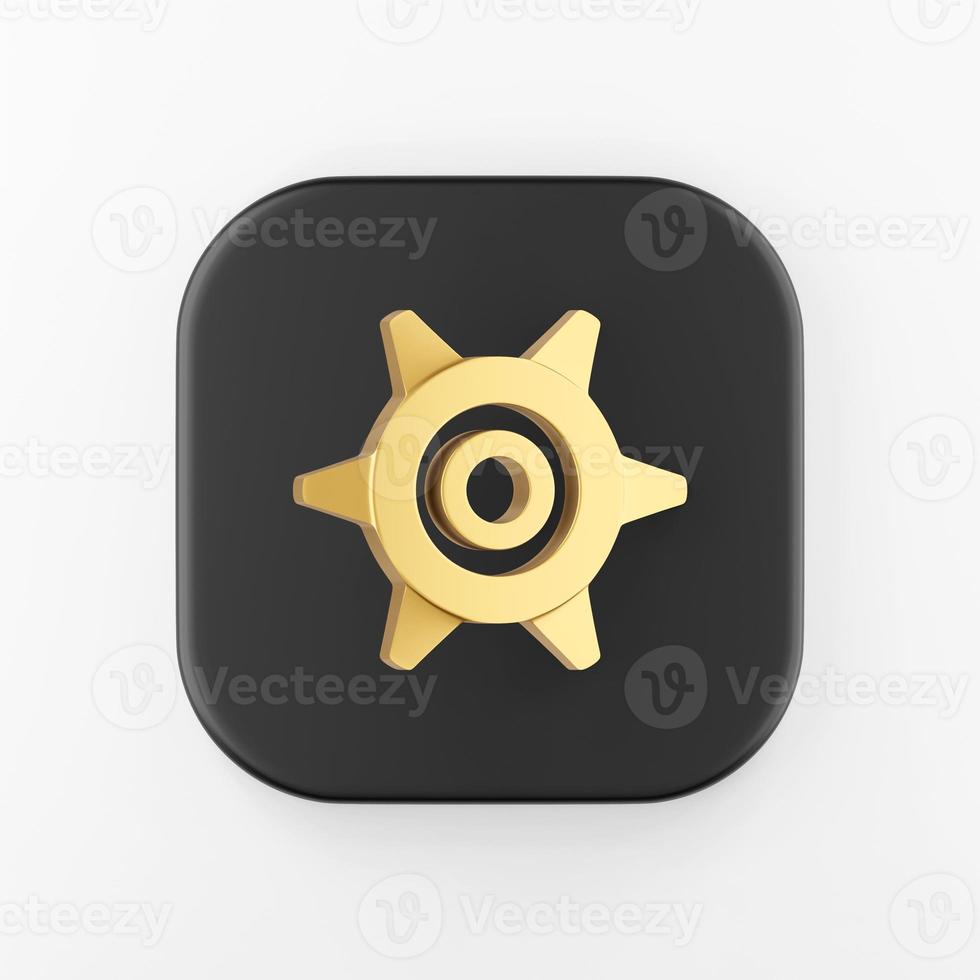 Gold gear icon in cartoon style. 3d rendering black square button key, interface ui ux element. photo