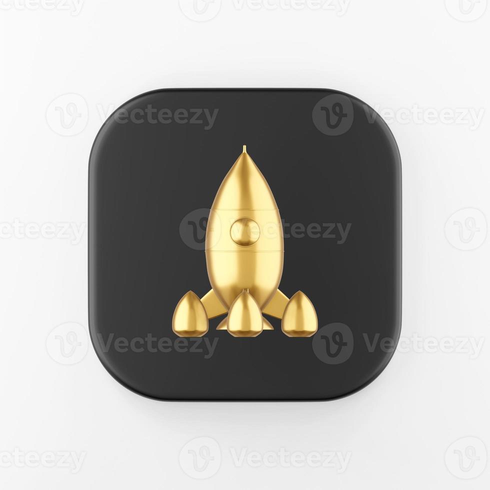 icono de cohete espacial dorado. Botón de tecla cuadrada negra de representación 3d, elemento ui ux de interfaz. foto