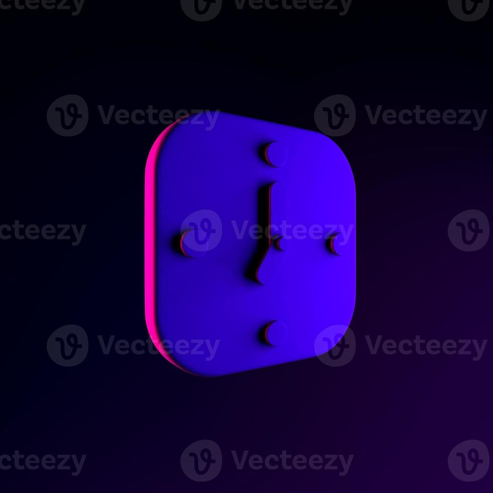 Neon wall square clock icon. 3d rendering ui ux interface element. Dark glowing symbol. photo