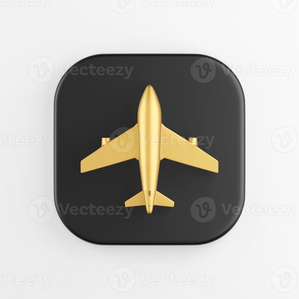 Golden plane icon. 3d rendering black square key button, interface ui ux element. photo