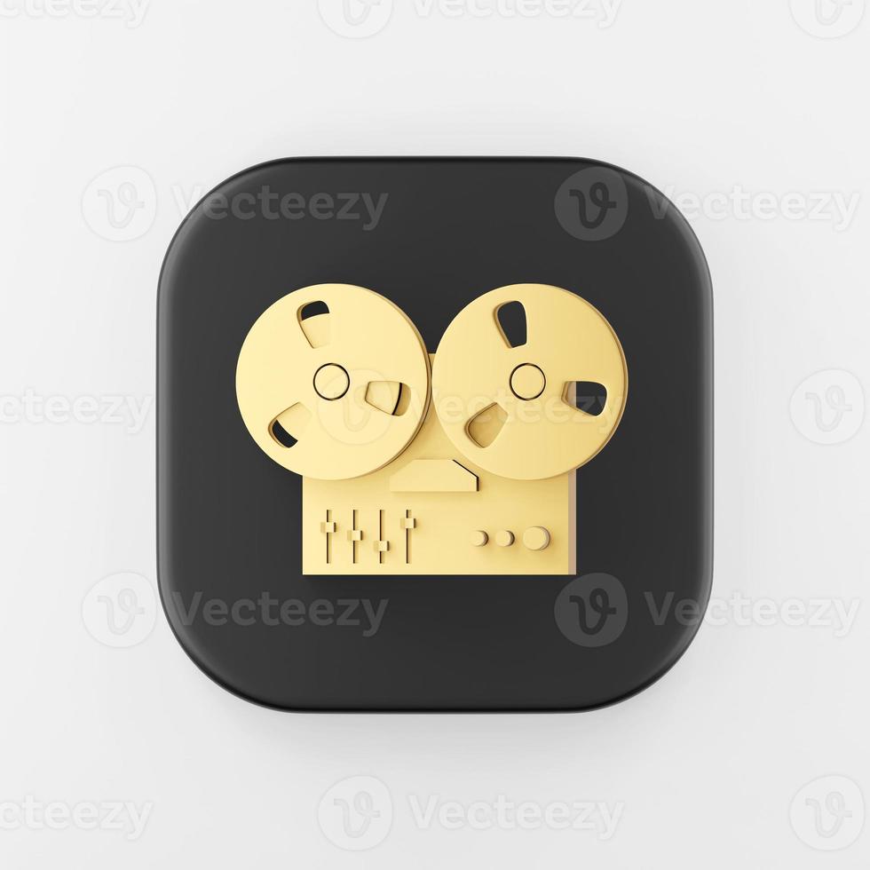 Golden bobbin tape recorder icon. 3d rendering black square button key, interface ui ux element. photo