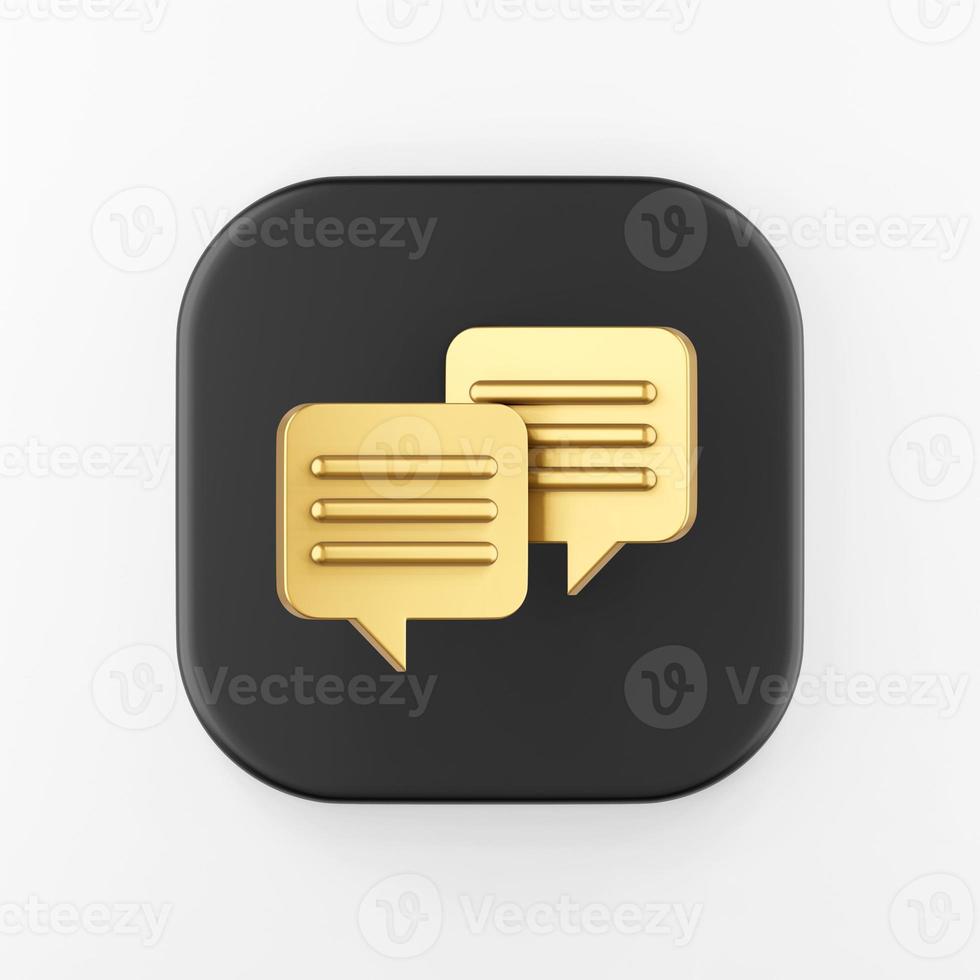 Gold square speech bubbles icon. 3d rendering black square key button, interface ui ux element. photo