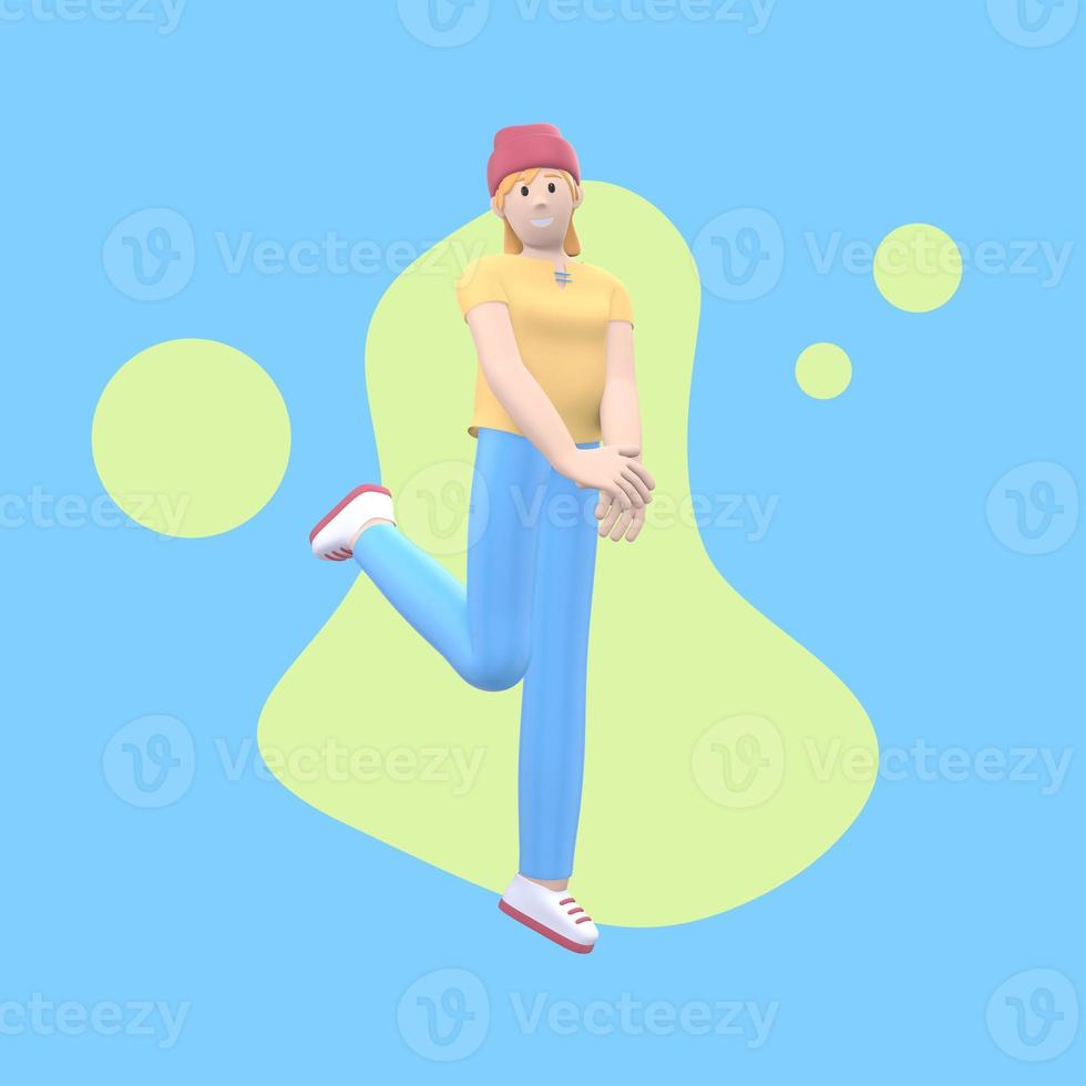 Positive character in colored clothes on an abstract stain background. Young cheerful hipster girl runs, dances, jumps, levitates and flies. Funny cartoon people. 3D rendering. photo