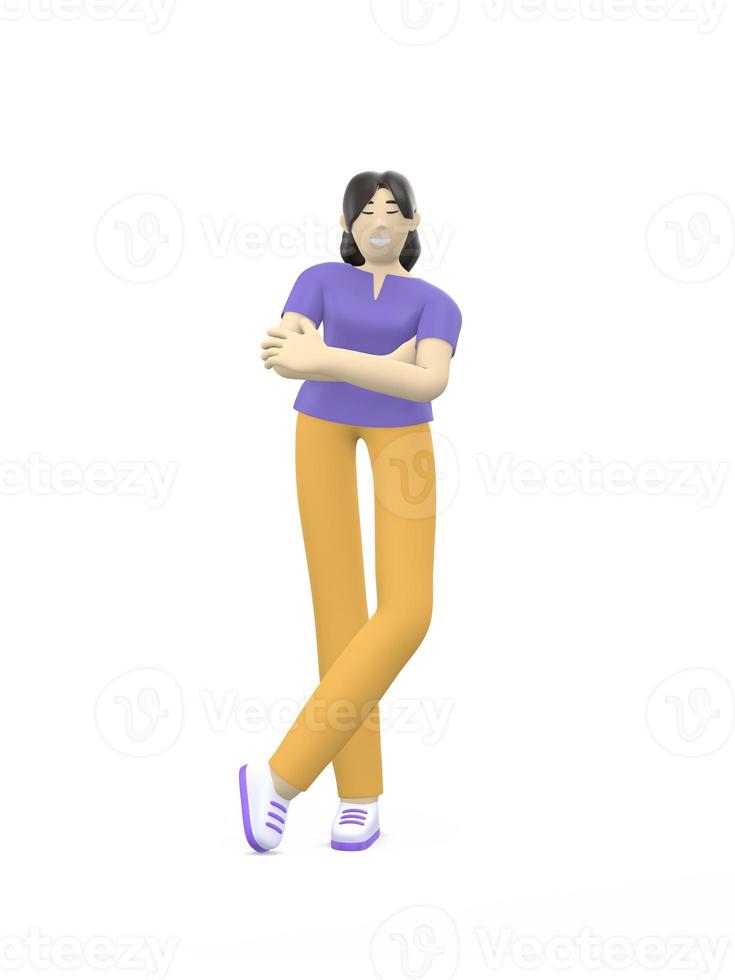 3D rendering character of an asian girl hands on chest. The concept of success, relaxation, confidence, leader. Positive illustration is isolated on a white background. photo