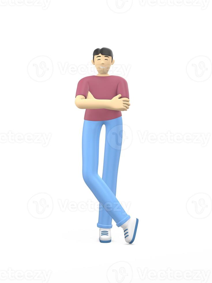 3D rendering character of an asian guy hands on chest. The concept of success, relaxation, confidence, leader. Positive illustration is isolated on a white background. photo