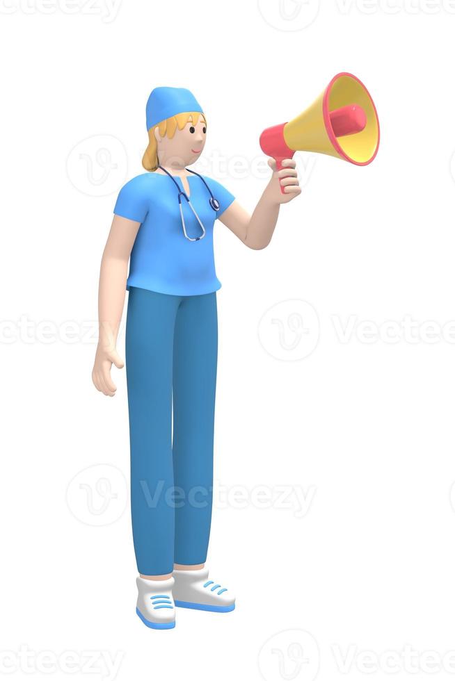 Medical character A young white female doctor says, shouts into a megaphone to the attention, danger. Cartoon person isolated on a white background. 3D rendering. photo