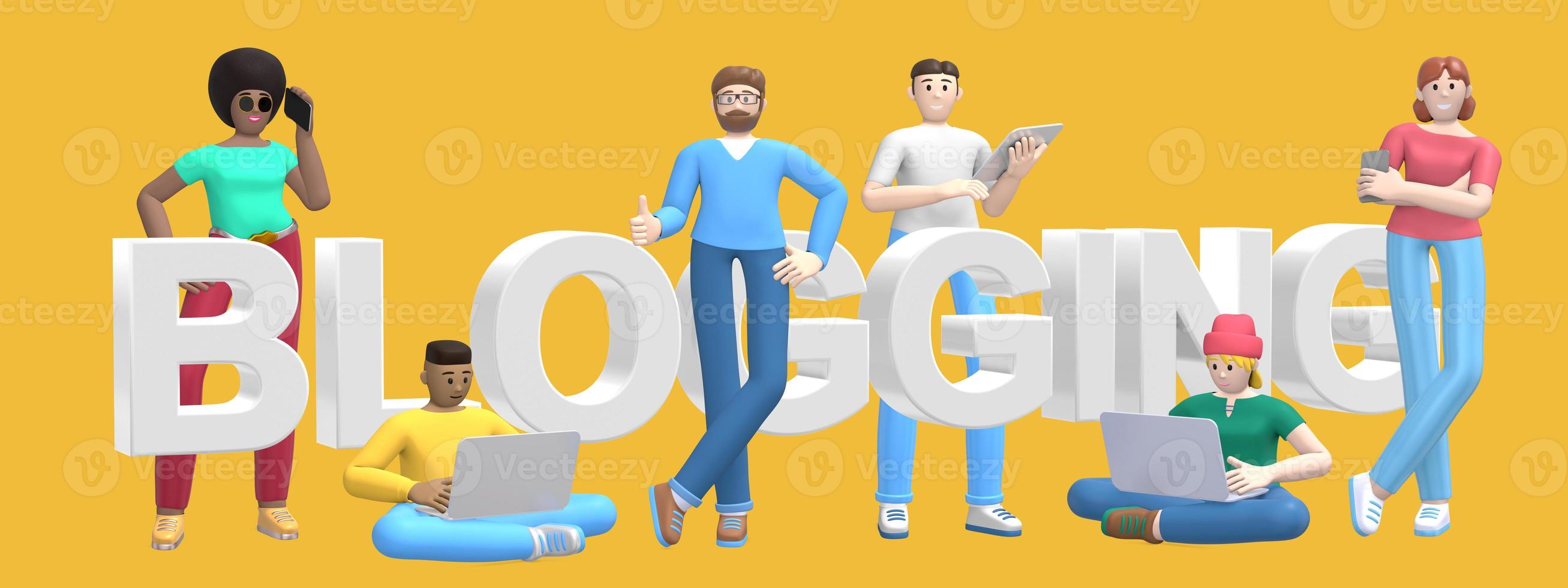 Word blogging on yellow background. Group of young multicultural successful people with laptop, tablet, phone. Horizontal banner cartoon character and website slogan. 3D rendering. photo