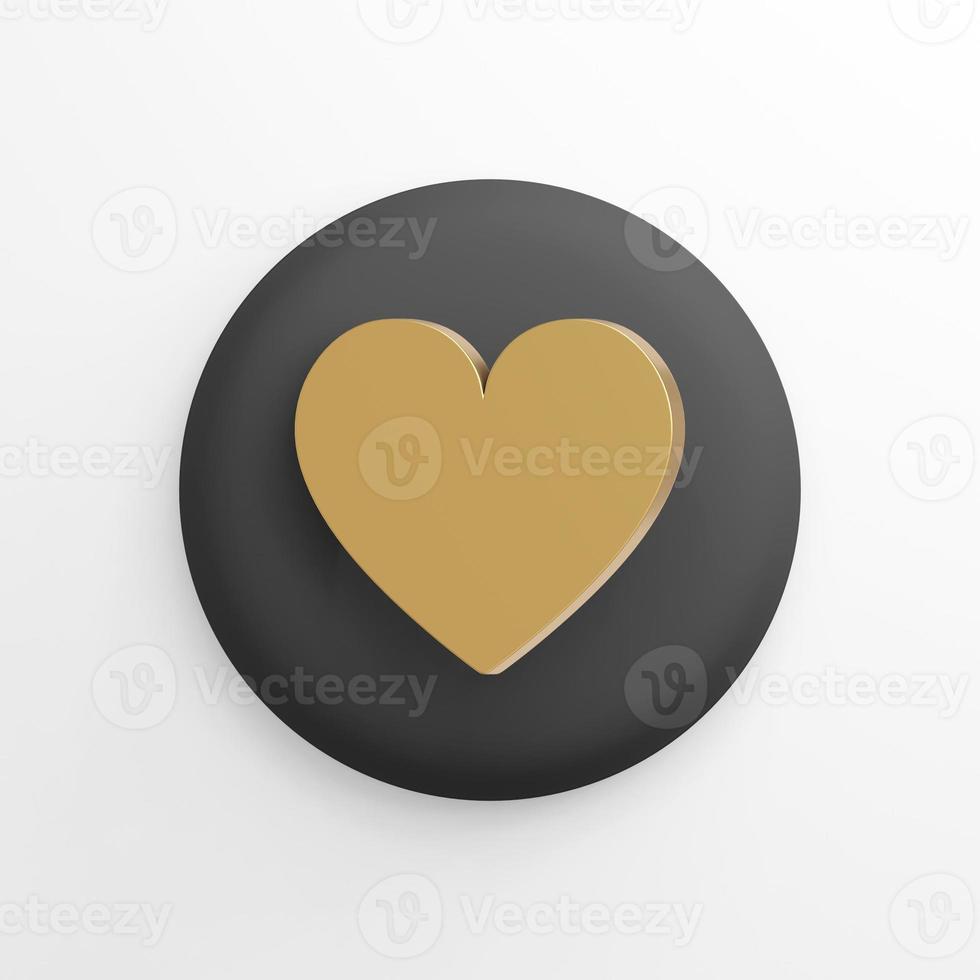 Golden flat heart icon, black round button. 3D rendering. photo