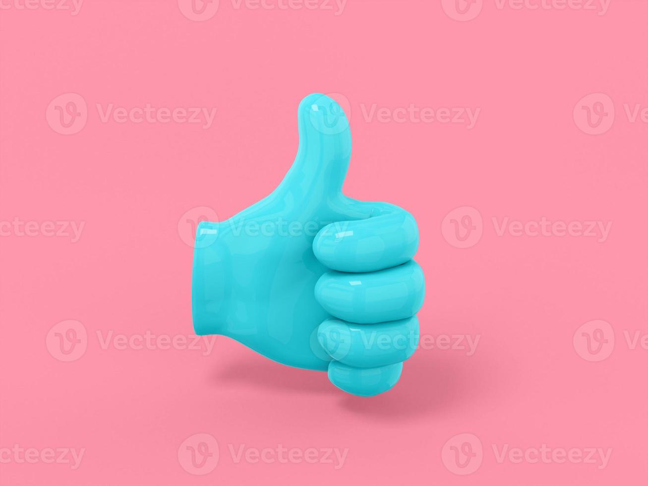 Blue one color palm with thumb up on pink flat background. Minimalistic design object. 3d rendering icon ui ux interface element. photo