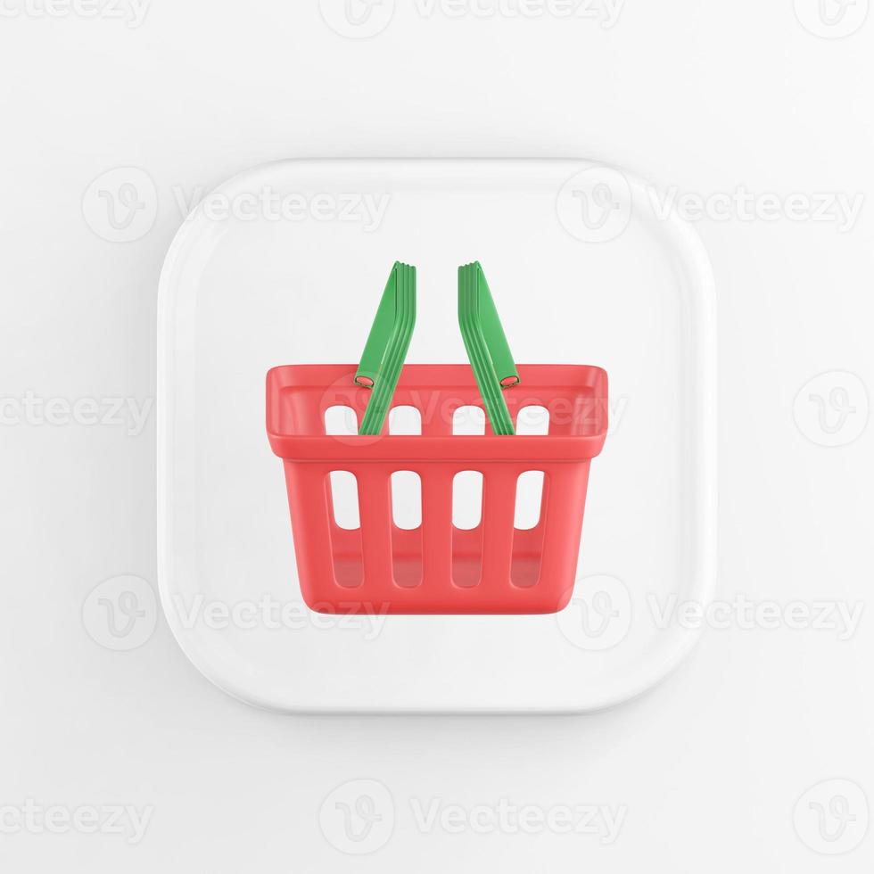 3d rendering square white button icon, red supermarket shopping basket, isolated on white background. photo