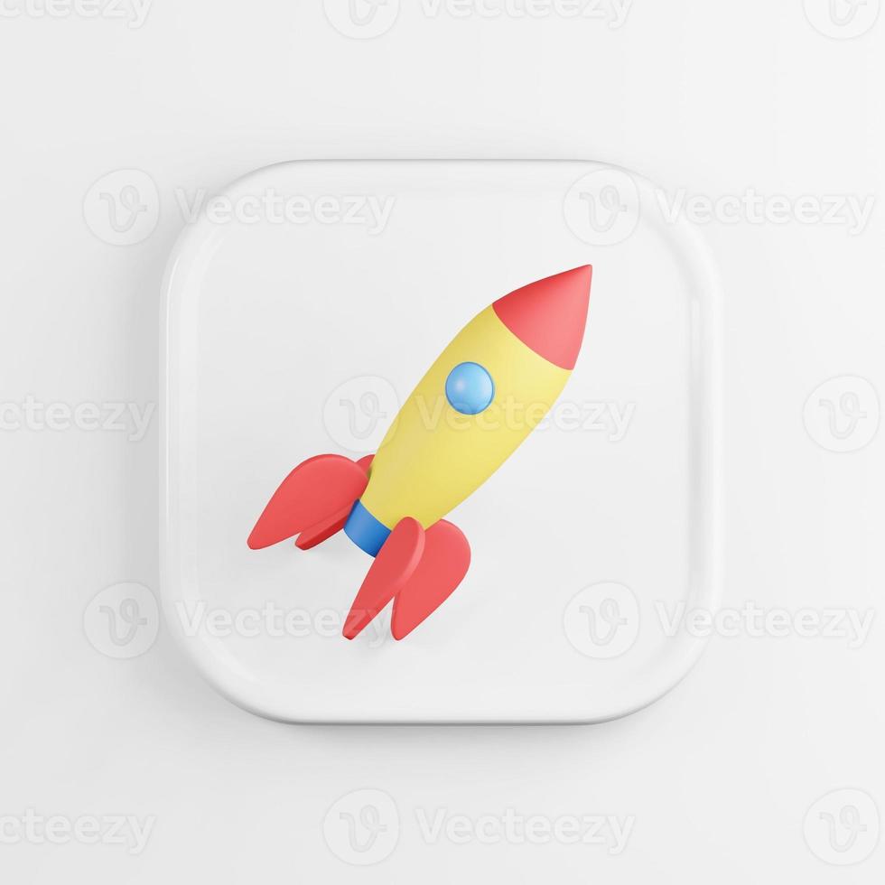 icono de cohete espacial multicolor. Tecla de botón cuadrado blanco de representación 3d, elemento de interfaz. foto